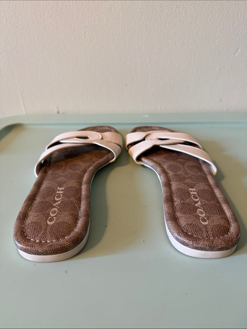 Coach White Leather Slide Sandals with Brown Signature Footbed - Picture 2 of 5